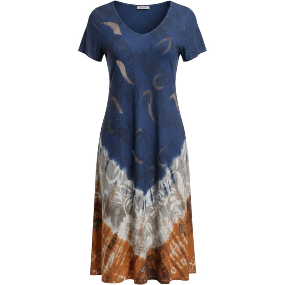 Zury Womens Free Size Tie Dye Rayon V-Neck Short Sleeve Boho Midi Dress Blue